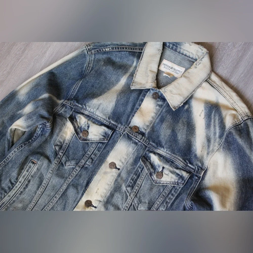 Denim & Supply Ralph Lauren Eagle Patch‎ Denim Jacket Men L Bleached Distressed